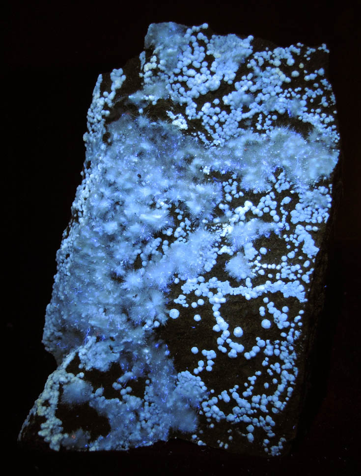 Fluorescent illuminated mineral Artinite and Hydromagnesite for sale from Spring Street at Medford Road, Staten Island, New York City, Richmond County, New York