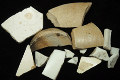 Glazed china and crockery fragments for sale from midden probably from the Black Horse Tavern, Manhattan Island, near McGowan's Pass, New York City, New York County, New York