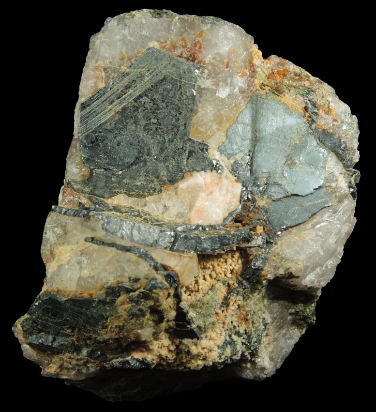 Detail view of mineral Ilmenite var. Washingtonite in Quartz for sale from 56th Street between Broadway and Sixth Avenue, Manhattan Island, New York City, New York County, New York