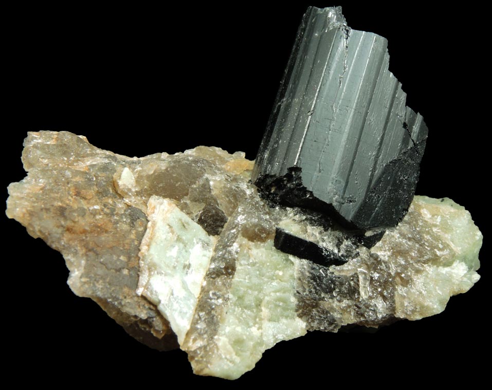 Detail view of mineral Schorl Tourmaline in Quartz-Albite for sale from west shore of Manhattan Island at 102 Street, New York City, New York County, New York