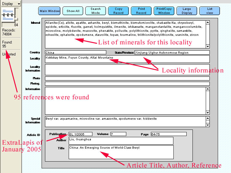 Sample search for mineral and localities in all mineral magazines