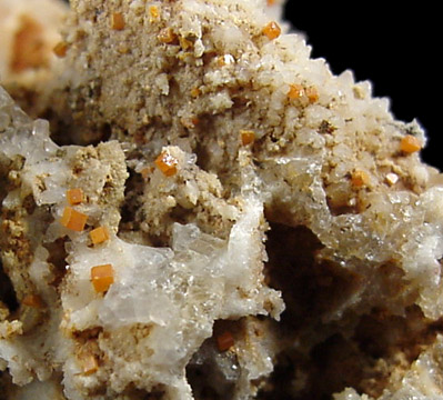 Wulfenite on Quartz from Manhan Lead Mines, Loudville District, 3 km northwest of Easthampton, Hampshire County, Massachusetts