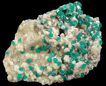 Dioptase on Calcite from Tsumeb Mine, Otavi-Bergland District, Oshikoto, Namibia