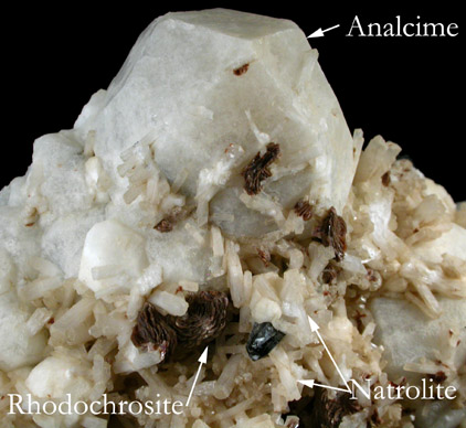 Analcime, Natrolite, Aegirine, Rhodochrosite from Poudrette Quarry, Mont St. Hilaire, Québec, Canada