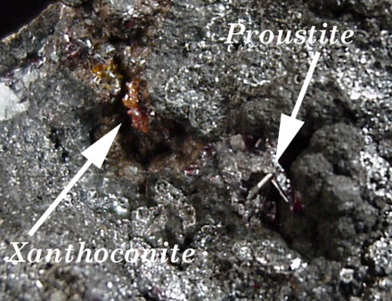 Xanthoconite with Proustite from Schacht 250 Halde, Niederschlema, Germany