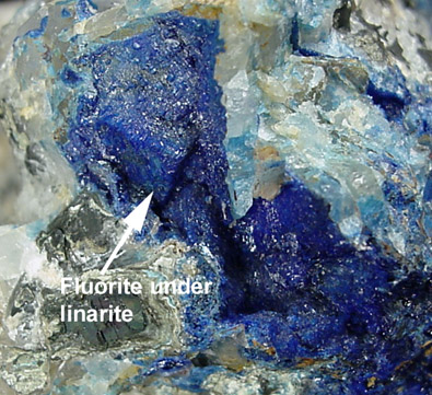 Linarite on Fluorite, Barite from Blanchard Mine, Hansonburg District, 8.5 km south of Bingham, Socorro County, New Mexico