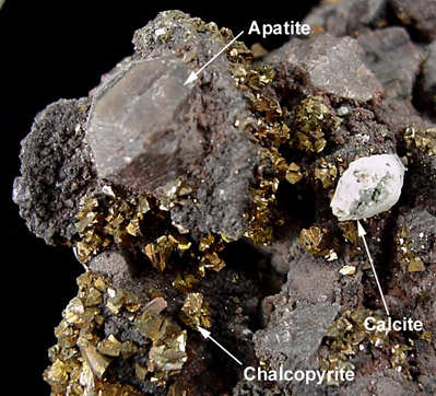 Chalcopyrite, Calcite, Fluorite, Apatite from Pea Ridge Iron Mine, Washington County, Missouri
