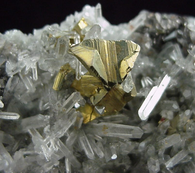 Chalcopyrite (twinned crystals) with Sphalerite on Quartz from Groundhog Mine, Central District, Grant County, New Mexico