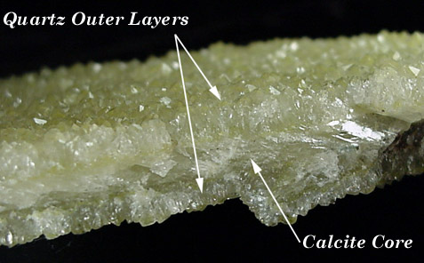 Calcite with Quartz (with yellow phantoms) from Charcas District, San Luis Potosi, Mexico