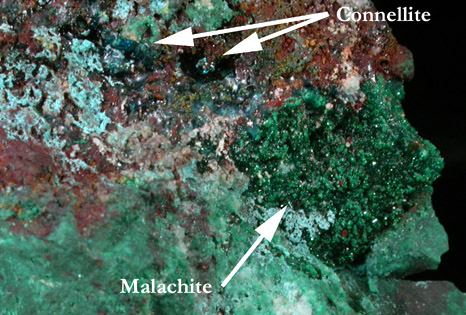 Connellite and Malachite from Centennial Eureka Mine, Tintic District, Juab County, Utah