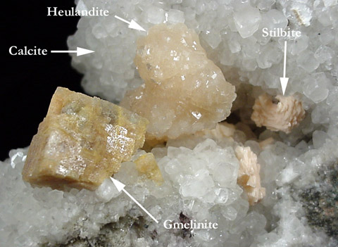 Gmelinite, Heulandite, Stilbite on Calcite from New Street Quarry, Paterson, Passaic County, New Jersey