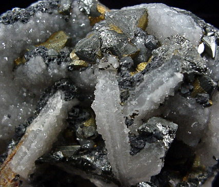 Tetrahedrite, Chalcopyrite, Galena on Quartz-coated Calcite from Herodsfoot Mine, Lanreath, Cornwall, England