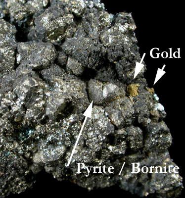 Gold on Bornite and Pyrite from Cole Shaft, Bisbee, Cochise County, Arizona