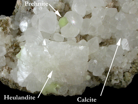 Heulandite-Ca, Prehnite, Calcite from Upper New Street Quarry, Paterson, Passaic County, New Jersey