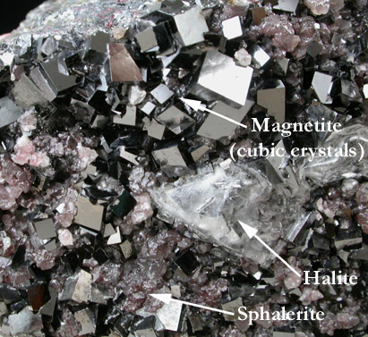 Magnetite (rare cubic habit), Sphalerite, Halite from ZCA #4 Mine, 2500' level, Balmat, St. Lawrence County, New York