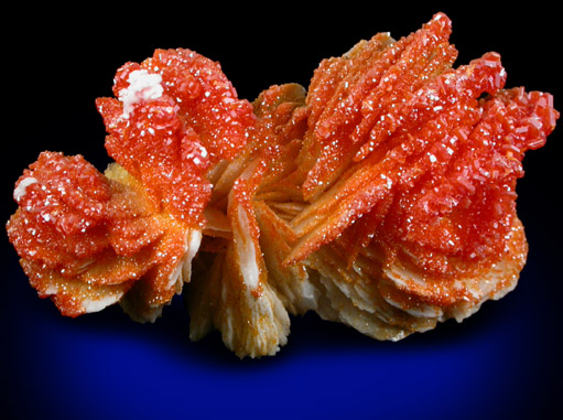 Vanadinite on Barite with Aragonite from Mibladen, Haute Moulouya Basin, Zeida-Aouli-Mibladen belt, Midelt Province, Morocco