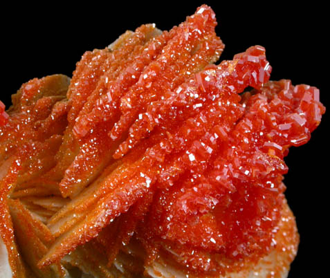 Vanadinite on Barite with Aragonite from Mibladen, Haute Moulouya Basin, Zeida-Aouli-Mibladen belt, Midelt Province, Morocco