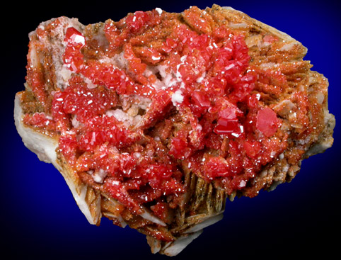 Vanadinite on Barite with Aragonite from Mibladen, Haute Moulouya Basin, Zeida-Aouli-Mibladen belt, Midelt Province, Morocco