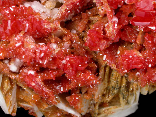 Vanadinite on Barite with Aragonite from Mibladen, Haute Moulouya Basin, Zeida-Aouli-Mibladen belt, Midelt Province, Morocco