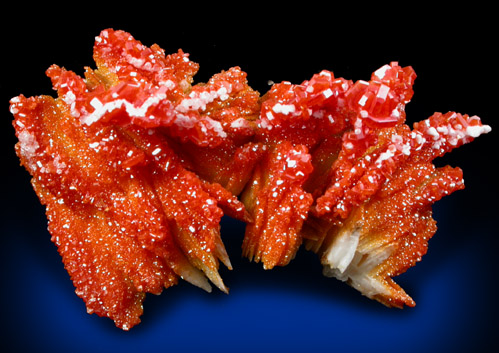 Vanadinite and Aragonite on Barite from Mibladen, Haute Moulouya Basin, Zeida-Aouli-Mibladen belt, Midelt Province, Morocco