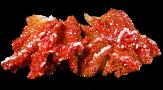 Vanadinite and Aragonite on Barite from Mibladen, Haute Moulouya Basin, Zeida-Aouli-Mibladen belt, Midelt Province, Morocco