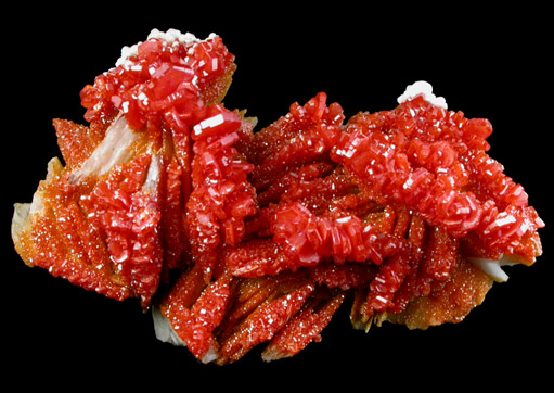 Vanadinite and Aragonite on Barite from Mibladen, Haute Moulouya Basin, Zeida-Aouli-Mibladen belt, Midelt Province, Morocco