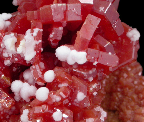 Vanadinite on Barite with Aragonite from Mibladen, Haute Moulouya Basin, Zeida-Aouli-Mibladen belt, Midelt Province, Morocco