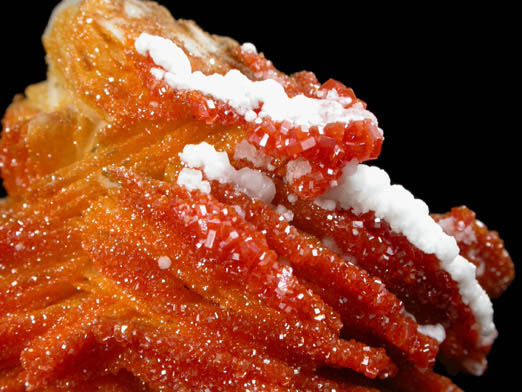 Vanadinite and Aragonite on Barite from Mibladen, Haute Moulouya Basin, Zeida-Aouli-Mibladen belt, Midelt Province, Morocco