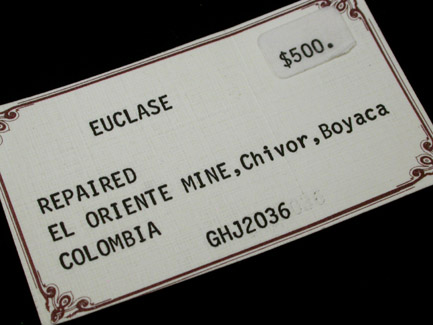 Euclase (repaired) from El Oriente Mine, Chivor, Boyaca, Colombia