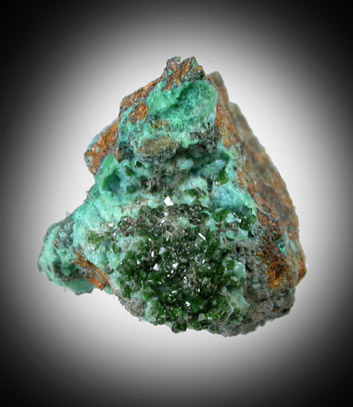 Libethenite on Chrysocolla from Copper Creek District, Pinal County, Arizona