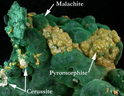 Malachite, Pyromorphite, Cerussite from Brown's Prospect, Rum Jungle, 61 km south of Darwin, Northern Territory, Australia