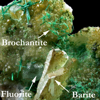 Brochantite on Quartz, Fluorite, Barite from Mex-Tex Mine, Hansonburg District, 8.5 km south of Bingham, Socorro County, New Mexico