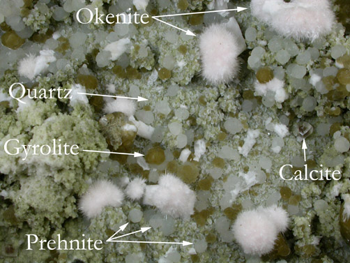 Gyrolite, Prehnite, Okenite, Laumontite, Calcite, Quartz from Pune District, Maharashtra, India