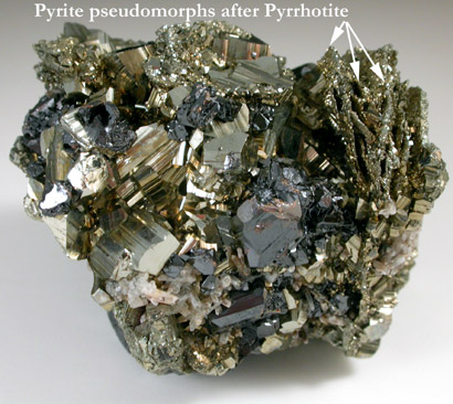 Pyrite pseudomorphs after Pyrrhotite from Noche Buena Mine, Mazapil, Zacatecas, Mexico