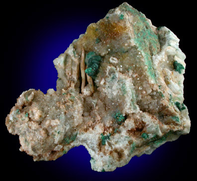 Malachite and Quartz on Barite from Cheshire Barite Mine, Jinny Hill Road, Cheshire, New Haven County, Connecticut