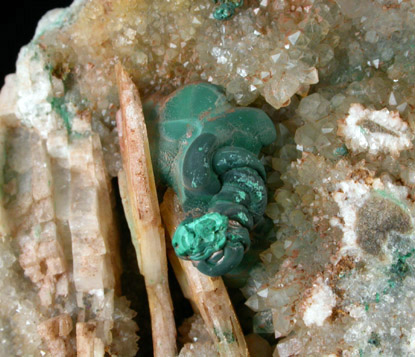 Malachite and Quartz on Barite from Cheshire Barite Mine, Jinny Hill Road, Cheshire, New Haven County, Connecticut