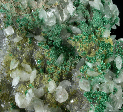 Calcite, Duftite, Malachite on Quartz from Kombat Mine, Kombat, Namibia