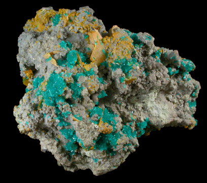 Dioptase and Wulfenite on Willemite from Mammoth-St. Anthony Mine, Tiger, Pinal County, Arizona
