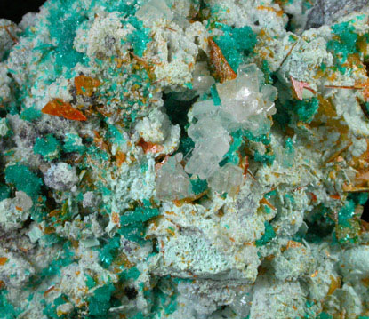 Cerussite, Dioptase and Wulfenite on Willemite from Mammoth-St. Anthony Mine, Tiger, Pinal County, Arizona