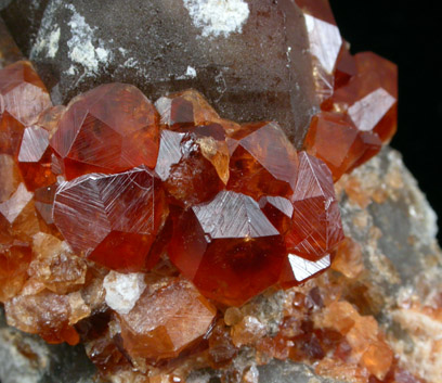 Spessartine Garnet and Hyalite Opal on Smoky Quartz from Putian, Tongbei-Yunling District, Fujian Province, China