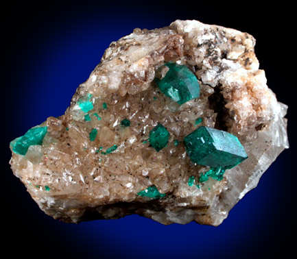 Dioptase on Calcite from Altyn-Tyube, 66 km east of Karagandy, Karaganda Oblast', Kazakhstan (Type Locality for Dioptase)