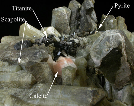 Scapolite (Marialite-Meionite), Titanite, Pyrite from Bear Lake, Litchfield, Québec, Canada