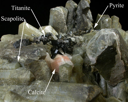 Scapolite (Marialite-Meionite), Titanite, Pyrite from Bear Lake, Litchfield, Qubec, Canada