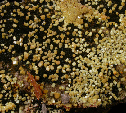 Mimetite and Vanadinite pseudomorphs after Wulfenite from Rowley Mine, 20 km northwest of Theba, Painted Rock Mountains, Maricopa County, Arizona