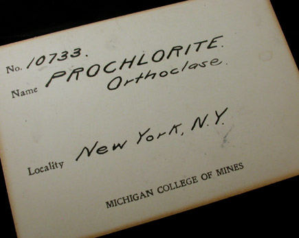 Clinochlore var. Prochlorite on Orthoclase from Manhattan Island, New York City, New York