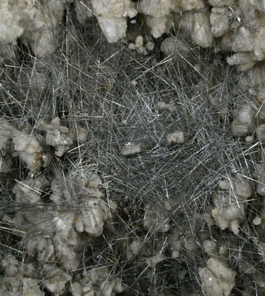 Boulangerite on Calcite, Quartz, Sphalerite from Noche Buena Mine, Mazapil, Zacatecas, Mexico