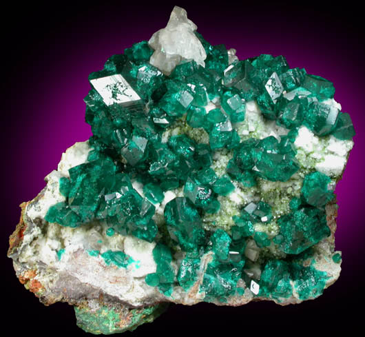 Dioptase with Cerussite on Calcite with Duftite from Tsumeb Mine, Otavi-Bergland District, Oshikoto, Namibia (Type Locality for Duftite)