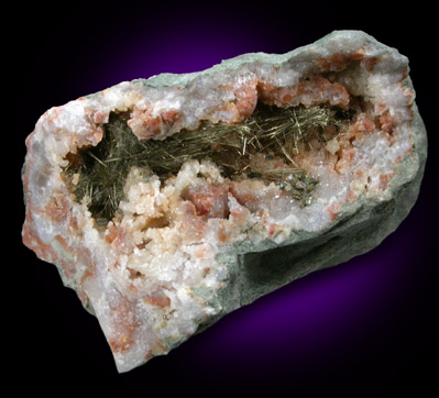 Millerite in Quartz Geode from US Route 27 road cut, Halls Gap, Lincoln County, Kentucky