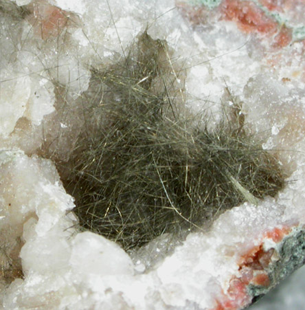 Millerite in Quartz Geode from US Route 27 road cut, Halls Gap, Lincoln County, Kentucky