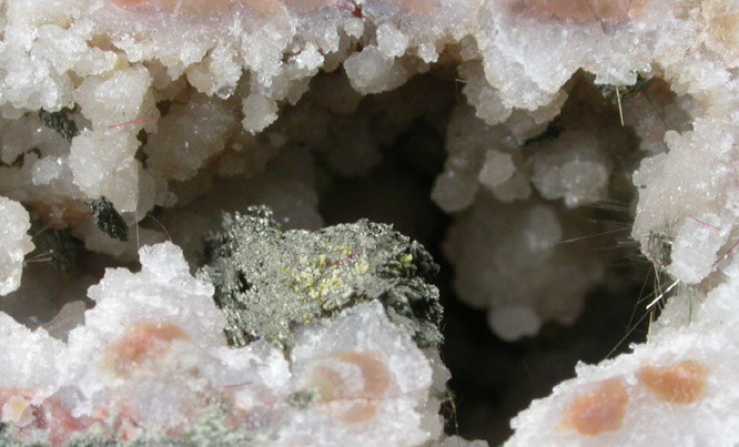 Millerite and Marcasite in Quartz Geode from US Route 27 road cut, Halls Gap, Lincoln County, Kentucky